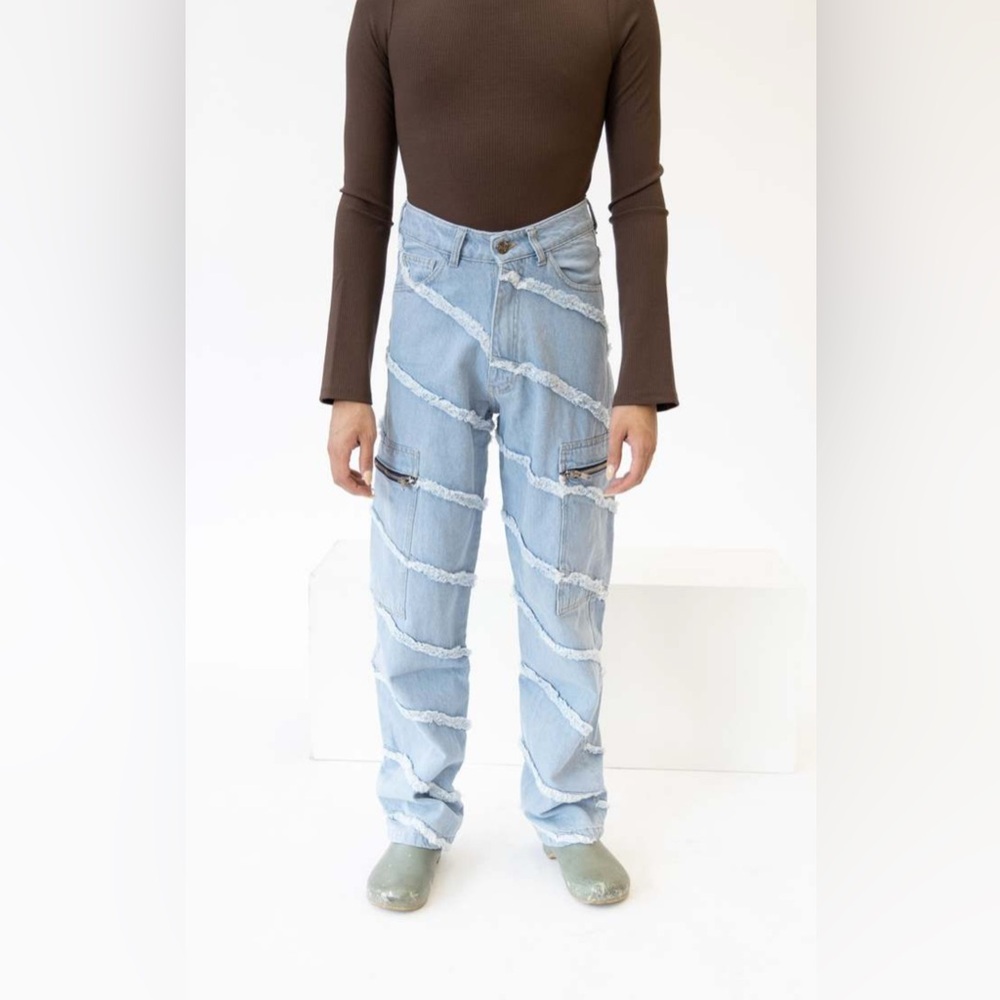 tach frayed stripe jeans mid light denim y2k cargo pants - S - EUC